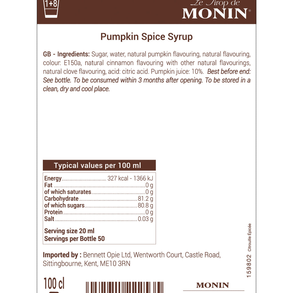 Monin Pumpkin Spice Flavouring Syrup (1 Litre) - Discount Coffee