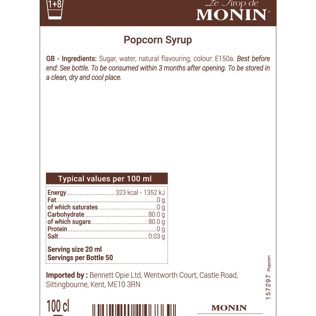 Monin Popcorn Flavouring Syrup (1 Litre) - Discount Coffee