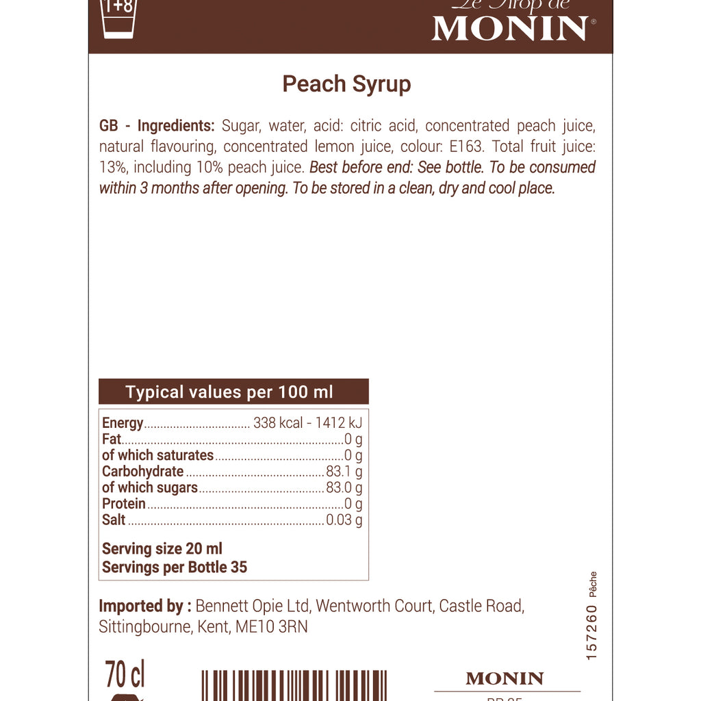 Monin Peach Flavouring Syrup (700ml) - Discount Coffee