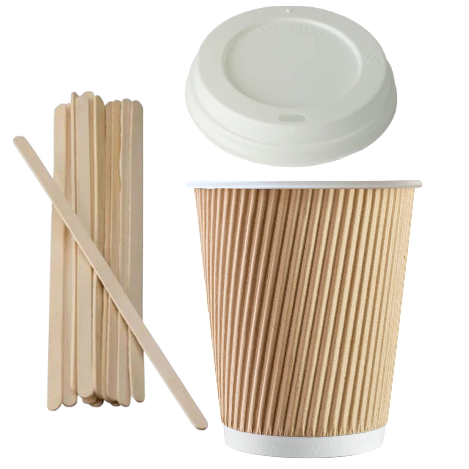 12oz Kraft Brown Cups - Combo Pack - Cups, Lids & Stirrers (50)